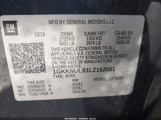 43360522 :رقم المزاد ، 1GKKNULS1LZ152081 vin ، 2020 Gmc Acadia Awd Slt مزاد بيع