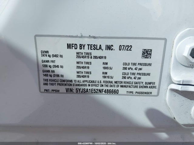 2022 TESLA MODEL S 5YJSA1E52NF486660 Photo 8