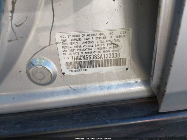 43361176 :رقم المزاد ، 1HGCM56383A122038 vin ، 2003 Honda Accord 2.4 Lx مزاد بيع