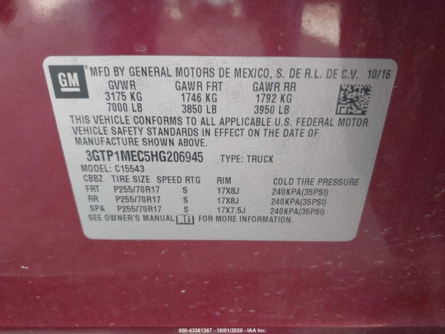 43361367 :رقم المزاد ، 3GTP1MEC5HG206945 vin ، 2017 Gmc Sierra 1500 Sle مزاد بيع