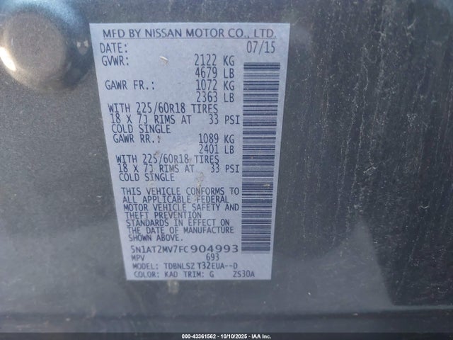 Nissan Rogue Sl 2015 5N1AT2MV7FC904993 Image 9