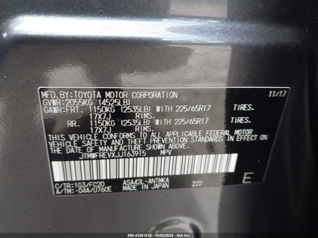 Продаж на аукціоні авто 2018 Toyota Rav4 Xle, vin: JTMWFREVXJJ163915, номер лоту: 43361815