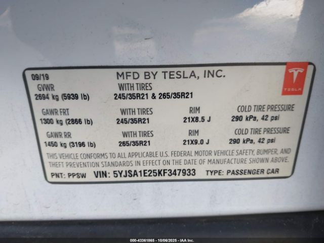 2019 TESLA MODEL S 5YJSA1E25KF347933 Photo 8