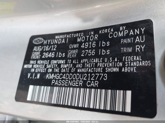 Aukcja sprzedaży 2013 Hyundai Genesis 3.8, vin: KMHGC4DD0DU212773, numer aukcji: 43361984