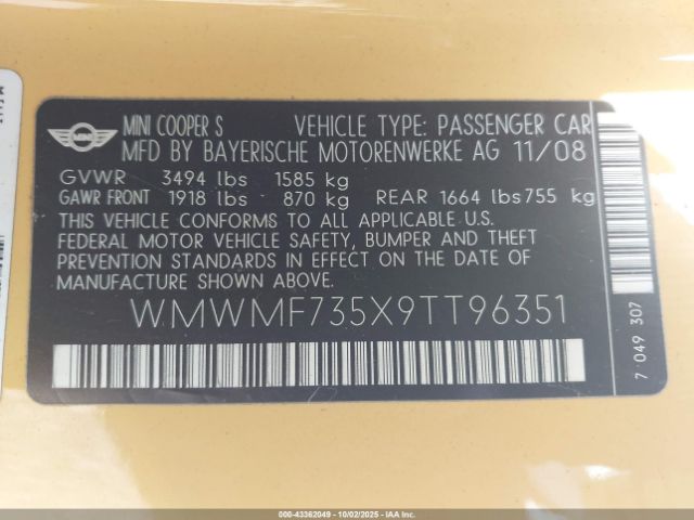 2009 MINI COOPER S WMWMF735X9TT96351 Photo 8