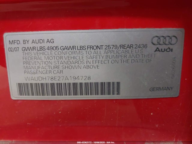 2007 AUDI A4 WAUDH78E27A194728 Photo 8