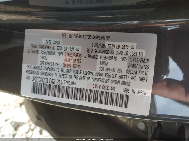 43362176 :رقم المزاد ، JM3TCACY8L0421214 vin ، 2020 Mazda Cx-9 Touring مزاد بيع