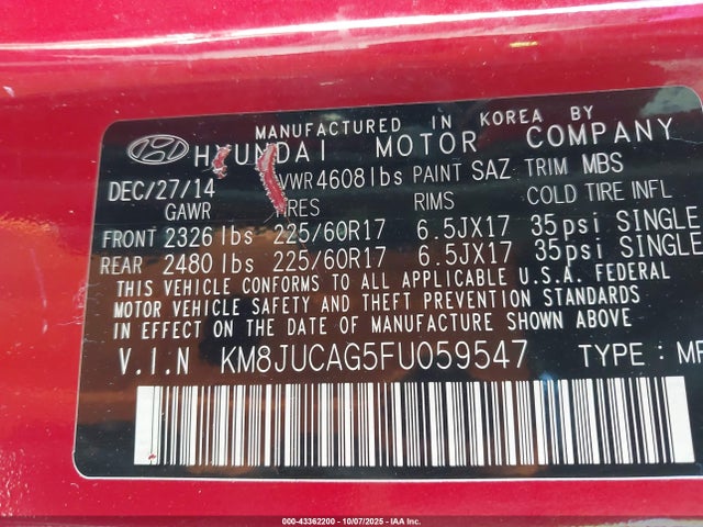 2015 Hyundai Tucson Se მანქანა იყიდება აუქციონზე, vin: KM8JUCAG5FU059547, აუქციონის ნომერი: 43362200