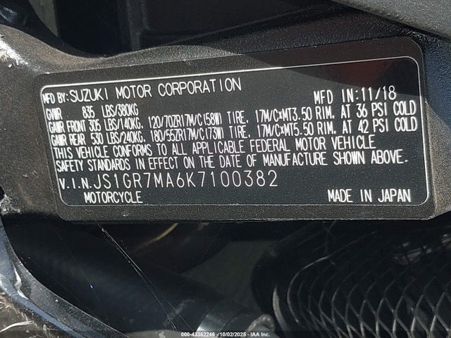 2019 SUZUKI GSX-R750 JS1GR7MA6K7100382 Photo 9