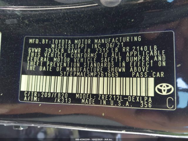 2021 TOYOTA COROLLA 5YFEPMAE5MP261669 Photo 8