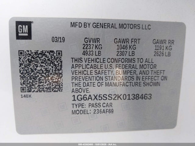 Продаж на аукціоні авто 2019 Cadillac Cts Luxury, vin: 1G6AX5SS2K0138463, номер лоту: 43362405
