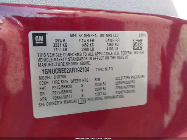 Aukcja sprzedaży 2010 Chevrolet Tahoe Lt, vin: 1GNUCBE02AR192104, numer aukcji: 43362505