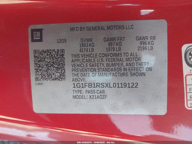 1G1FB1RSXL0119122 Chevrolet Camaro Rwd 1lt