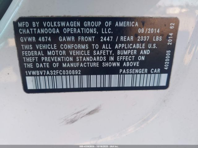 2015 VOLKSWAGEN PASSAT 1VWBV7A32FC030892 Photo 8