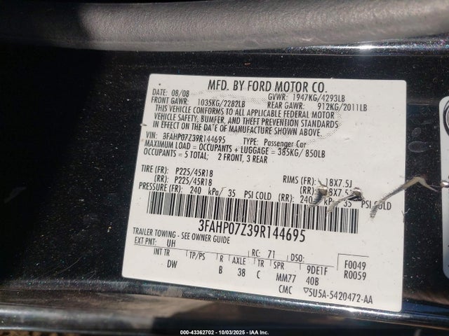 Aukcja sprzedaży 2009 Ford Fusion Se, vin: 3FAHP07Z39R144695, numer aukcji: 43362702