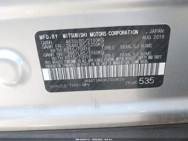 2019 Mitsubishi Eclipse Cross Es მანქანა იყიდება აუქციონზე, vin: JA4AT3AA0KZ009620, აუქციონის ნომერი: 43363113