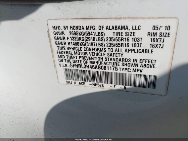 2010 HONDA ODYSSEY 5FNRL3H46AB081175 Photo 8