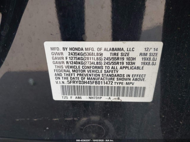 Aukcja sprzedaży 2015 Acura Mdx Technology Package, vin: 5FRYD3H45FB011472, numer aukcji: 43363257
