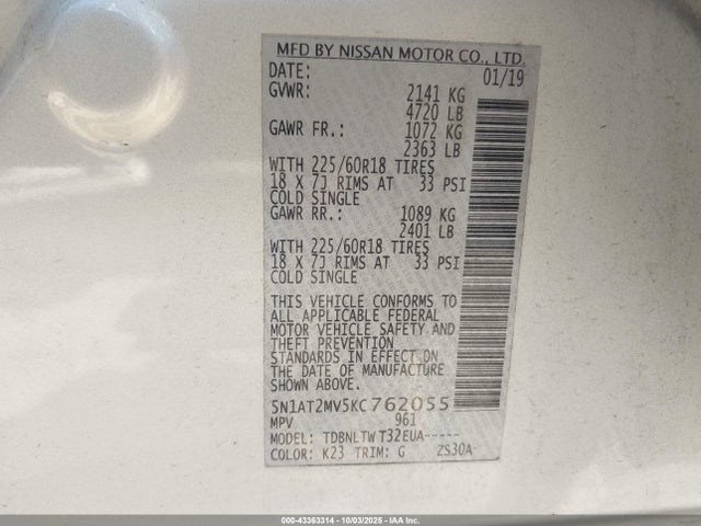 Aukcja sprzedaży 2019 Nissan Rogue Sv, vin: 5N1AT2MV5KC762055, numer aukcji: 43363314