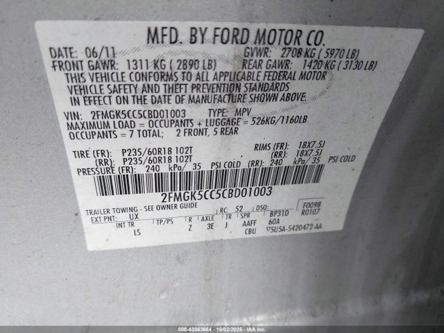 43363664 :رقم المزاد ، 2FMGK5CC5CBD01003 vin ، 2012 Ford Flex Sel مزاد بيع