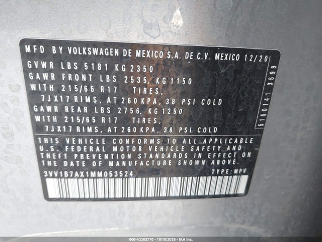 Aukcja sprzedaży 2021 Volkswagen Tiguan 2.0t S, vin: 3VV1B7AX1MM053524, numer aukcji: 43363770