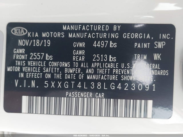 5XXGT4L38LG423091 KIA gdi