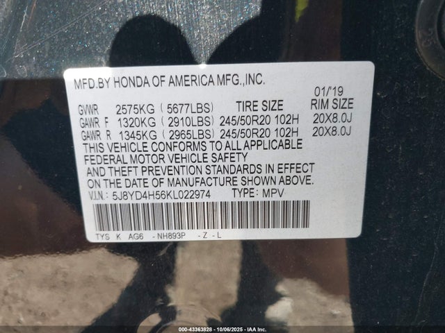 Продаж на аукціоні авто 2019 Acura Mdx Tech Pkg, vin: 5J8YD4H56KL022974, номер лоту: 43363828