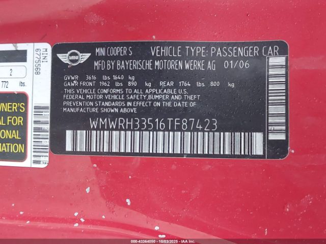 2006 MINI COOPER S WMWRH33516TF87423 Photo 8