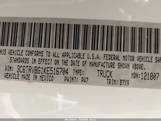 Продаж на аукціоні авто 2019 Ram Promaster 1500, vin: 3C6TRVBG1KE516704, номер лоту: 43364278