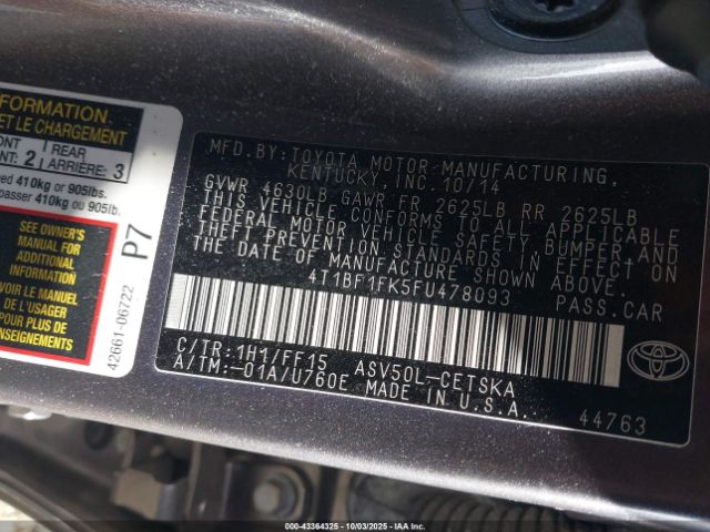 2015 TOYOTA CAMRY 4T1BF1FK5FU478093 Photo 8