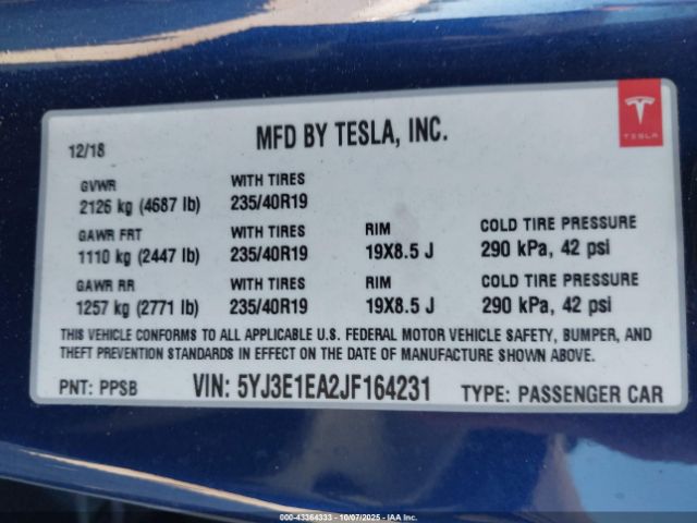 2018 TESLA MODEL 3 5YJ3E1EA2JF164231 Photo 8