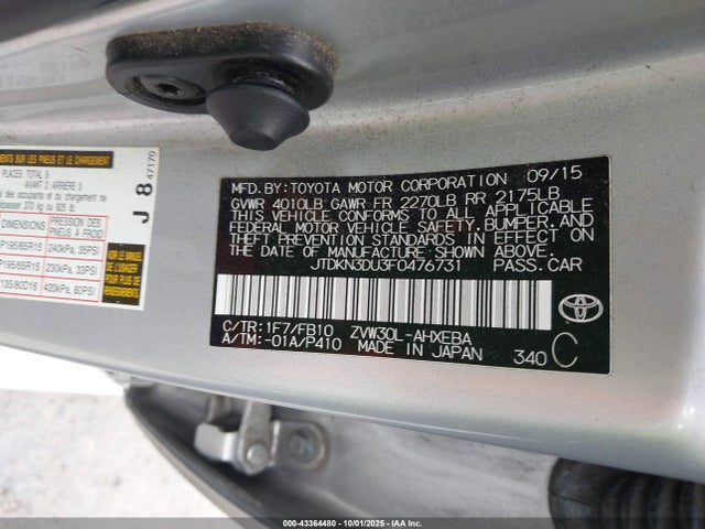Toyota 2zr-fxe+3jm 2015 JTDKN3DU3F0476731 Image 9