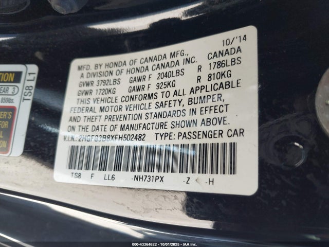 Honda r18z1 2015 2HGFG3B8XFH502482 Image 9
