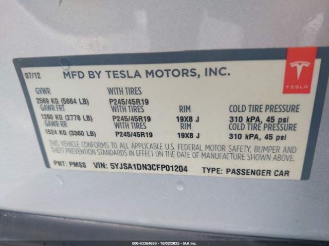 2012 TESLA MODEL S 5YJSA1DN3CFP01204 Photo 8