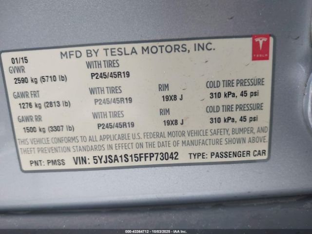 2015 TESLA MODEL S 5YJSA1S15FFP73042 Photo 8