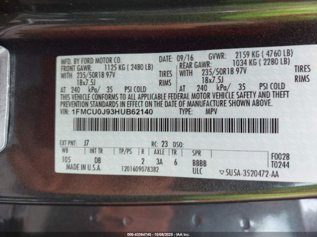 2017 FORD ESCAPE 1FMCU0J93HUB62140 Photo 8