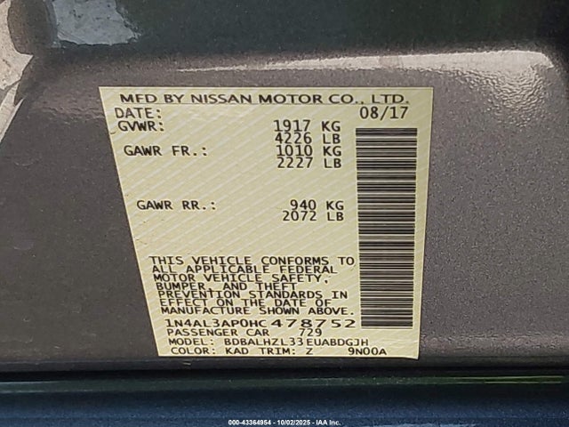 1N4AL3AP0HC478752 Nissan Altima 2.5 Sr