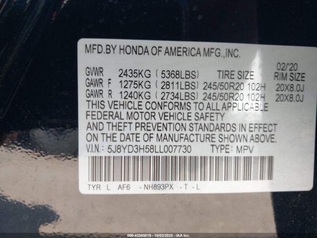 2020 ACURA MDX 5J8YD3H58LL007730 Photo 8