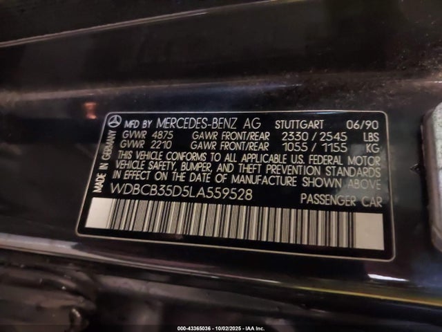 43365036 :رقم المزاد ، WDBCB35D5LA559528 vin ، 1990 Mercedes-benz 350 Sdl مزاد بيع