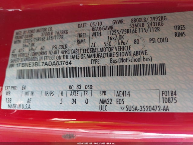 43365165 :رقم المزاد ، 1FBNE3BL7ADA83764 vin ، 2010 Ford E-350 Super Duty Xl/xlt مزاد بيع