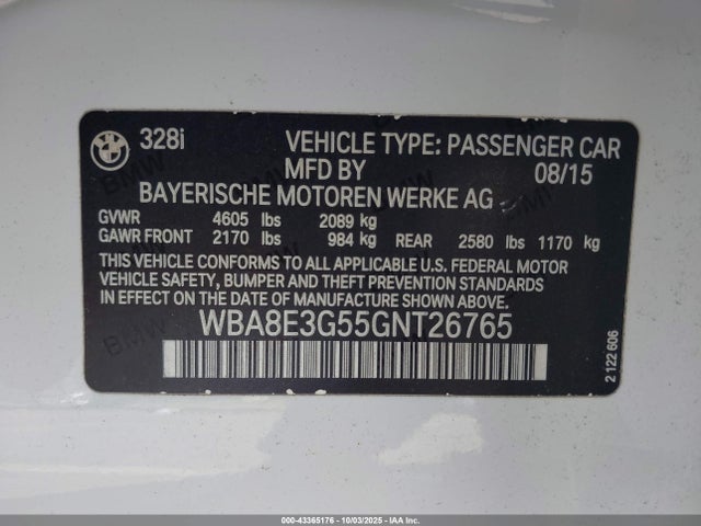 2016 Bmw 328i Xdrive მანქანა იყიდება აუქციონზე, vin: WBA8E3G55GNT26765, აუქციონის ნომერი: 43365176