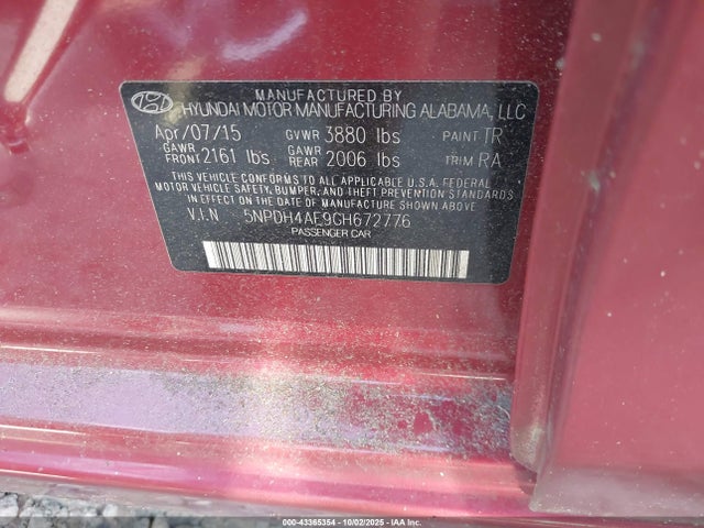 Hyundai dohc mpi nu 2016 5NPDH4AE9GH672776 Image 9