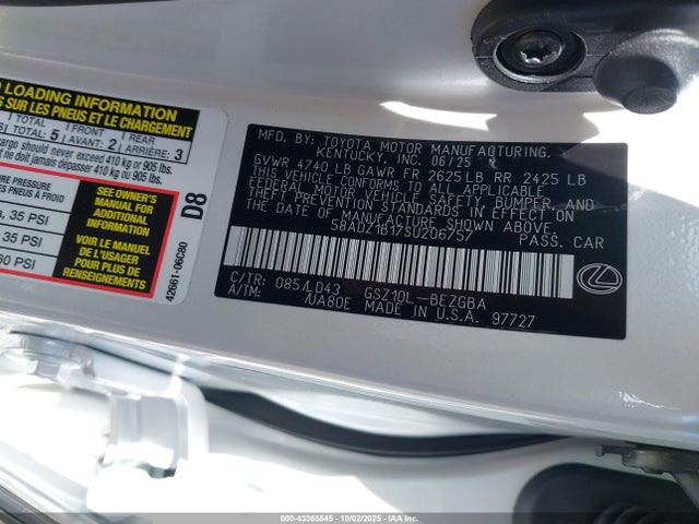 Aukcja sprzedaży 2025 Lexus Es 350, vin: 58ADZ1B17SU206757, numer aukcji: 43365545