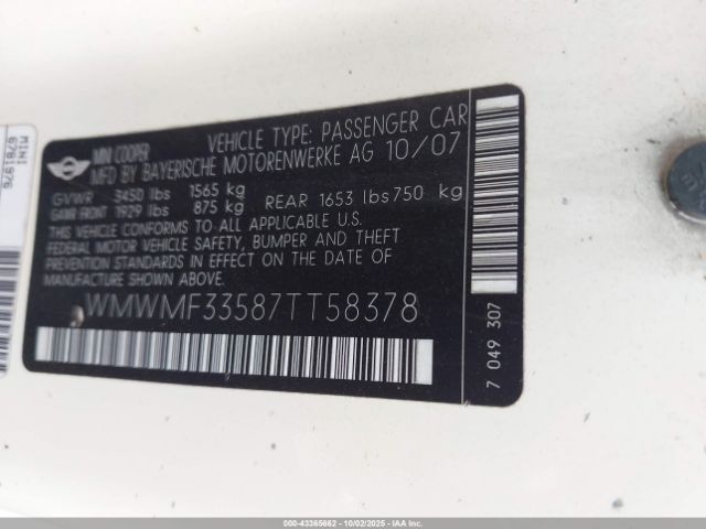 2007 MINI COOPER WMWMF33587TT58378 Photo 8