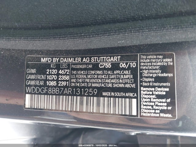 43365879 :رقم المزاد ، WDDGF8BB7AR131259 vin ، 2010 Mercedes-benz C 300 Luxury 4matic/sport 4matic مزاد بيع