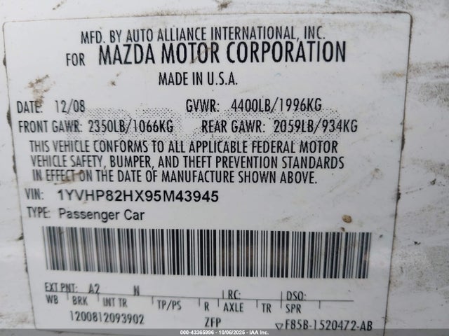 Aukcja sprzedaży 2009 Mazda Mazda6 I Touring, vin: 1YVHP82HX95M43945, numer aukcji: 43365996