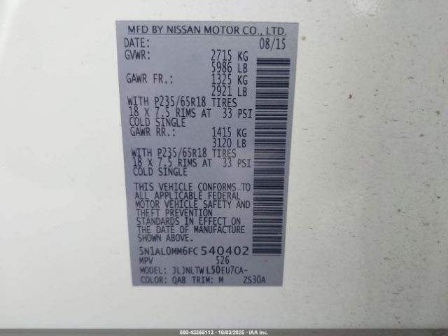 2015 INFINITI QX60 5N1AL0MM6FC540402 Photo 8