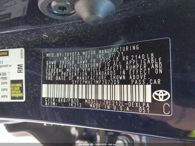 2021 TOYOTA COROLLA 5YFEPMAE1MP267209 Photo 8