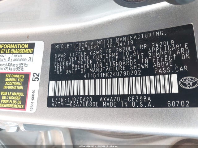 Aukcja sprzedaży 2019 Toyota Camry Se, vin: 4T1B11HK2KU790202, numer aukcji: 43366212