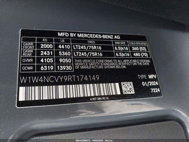 43366373 :رقم المزاد ، W1W4NCVY9RT174149 vin ، 2024 Mercedes-benz Sprinter 2500 High Roof 4-cyl Diesel Ho مزاد بيع